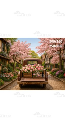 Tło fotograficzne „Retro pickup w kwitnącej alei sakur” | E_730